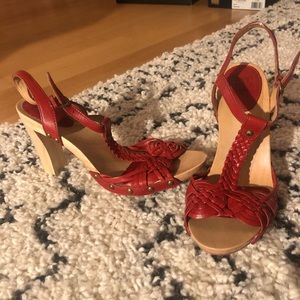 Frye Red Leather Braided Wood Heel Sandals